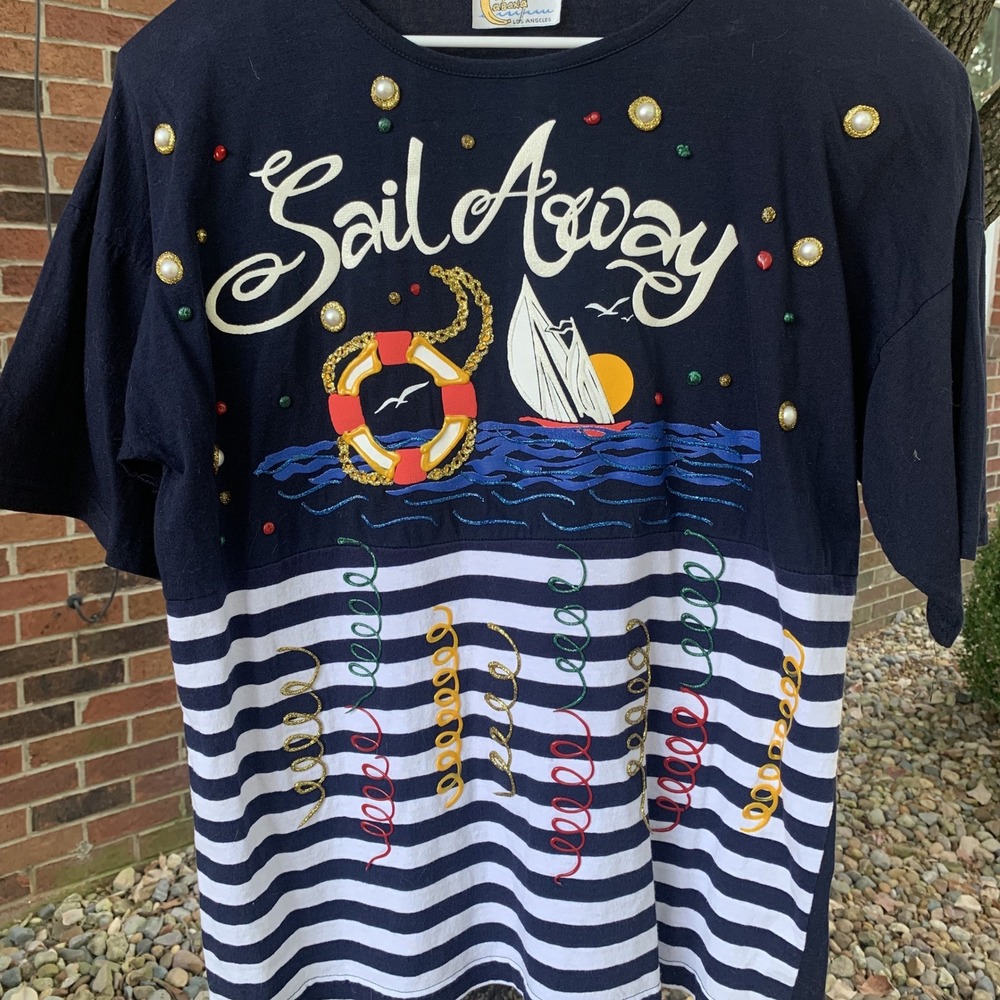 Vintage Copa Cabana Sail‎ Away Novelty Nautical Embellished T-Shirt Best Large